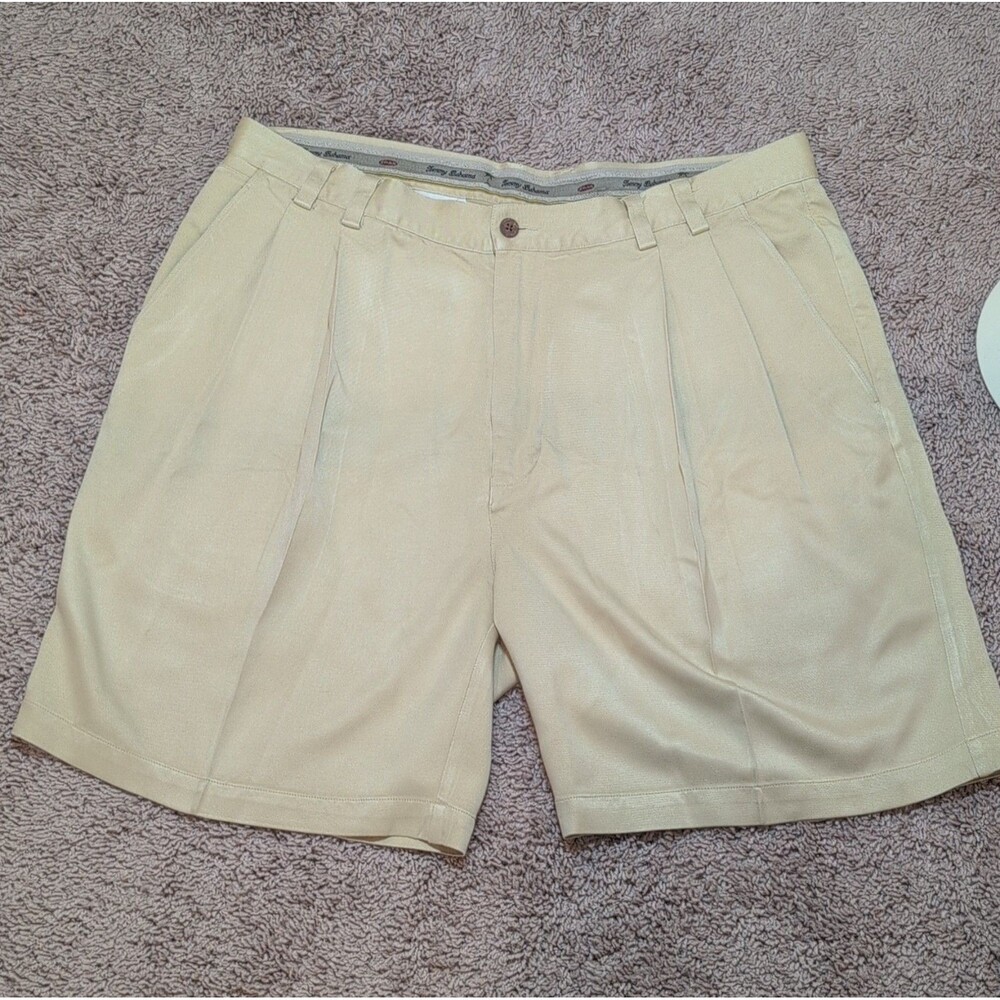 Tommy Bahama Silk Chino Shorts Beige Pleated Logo Button Men's Casual Beach